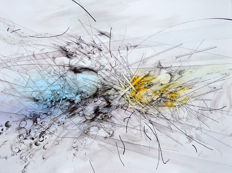 Product Description: Riff I (Dispersion No 27), 2018 </br></br>Ink & acrylic on canvas</br></br>36 x 48 in</br> "Riff I" by Chee Keong Kung