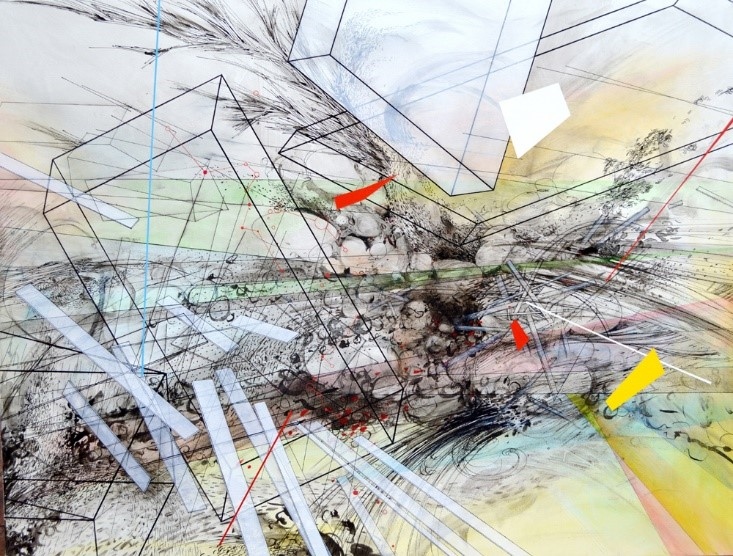 Product Description: Staccato II (Dispersion No 13), 2015</br></br>Ink & acrylic on canvas</br></br>36 x 48 in</br> "Staccato II" by Chee Keong Kung